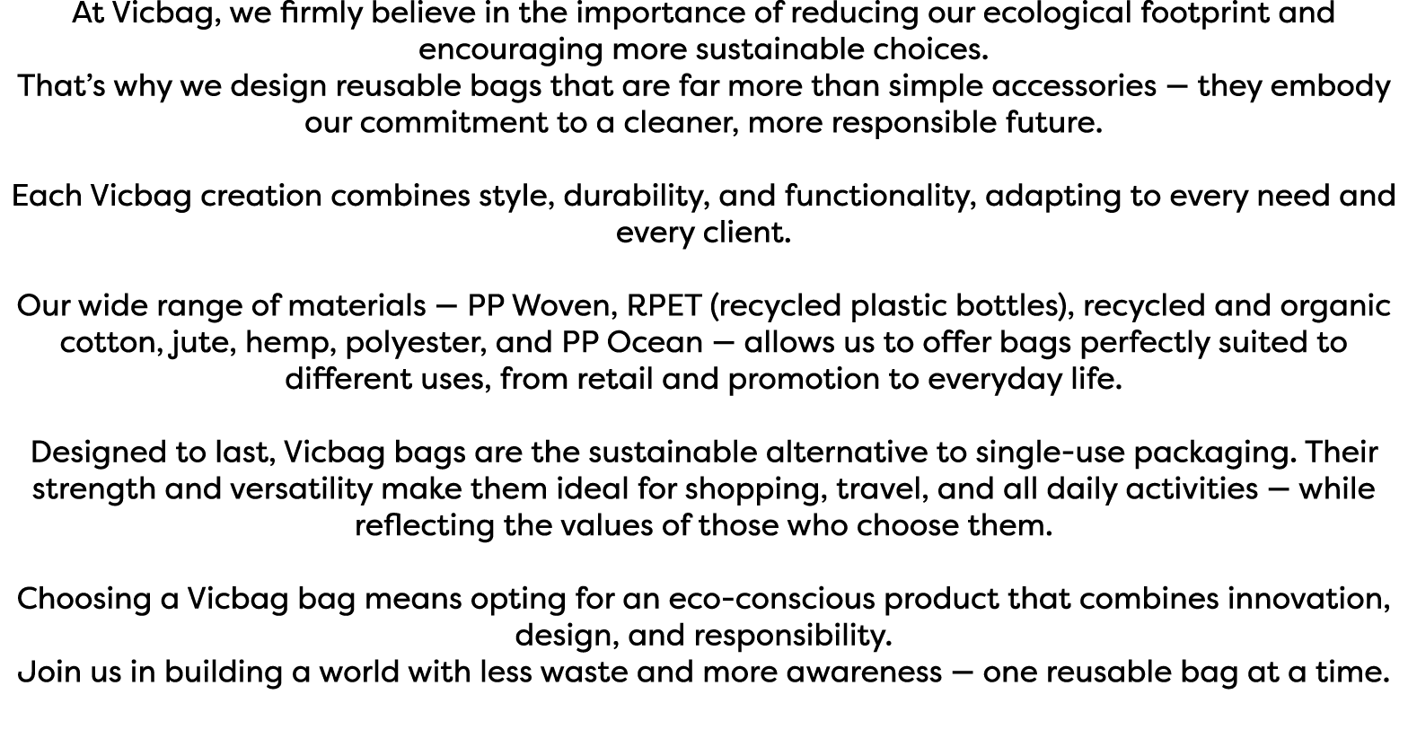 At Vicbag, we firmly believe in the importance of reducing our ecological footprint and encouraging more sustainable ...